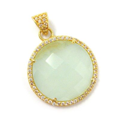 Wholesale Gold plated Sterling Silver Aqua Chalcedony Bezel Gemstone Round Pave Pendant, Wholesale Gemstone Pendants for Jewelry Making