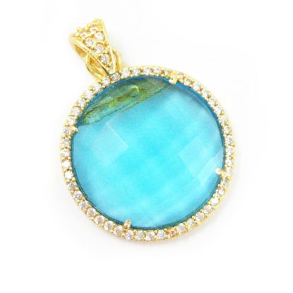 Wholesale Gold plated Sterling Silver Blue Topaz Quartz Bezel Gemstone Round Pave Pendant, Wholesale Gemstone Pendants for Jewelry Making