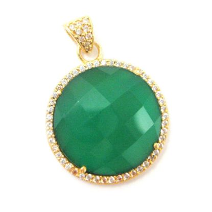 Wholesale Gold plated Sterling Silver Green Onyx Bezel Gemstone Round Pave Pendant, Wholesale Gemstone Pendants for Jewelry Making