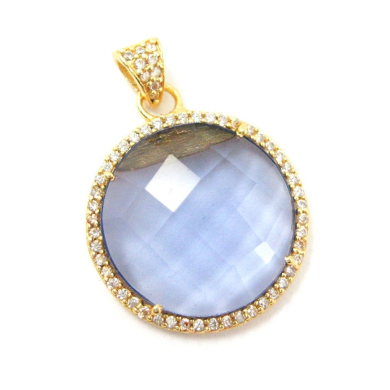 Wholesale Gold plated Sterling Silver Iolite Quartz  Bezel Gemstone Round Pave Pendant, Wholesale Gemstone Pendants for Jewelry Making