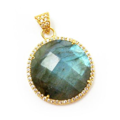 Wholesale Gold plated Sterling Silver Labradorite Bezel Gemstone Round Pave Pendant, Wholesale Gemstone Pendants for Jewelry Making