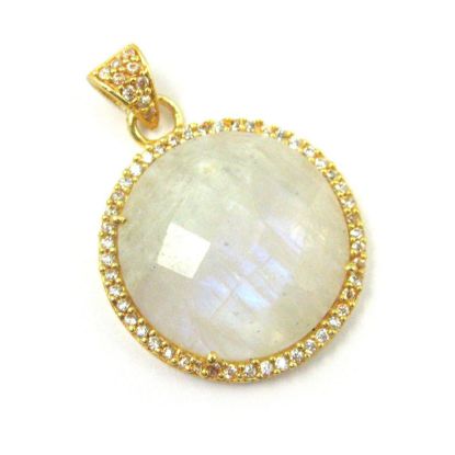 Wholesale Gold plated Sterling Silver Moonstone  Bezel Gemstone Round Pave Pendant, Wholesale Gemstone Pendants for Jewelry Making