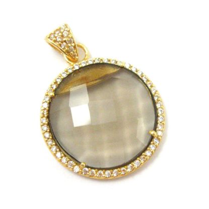 Wholesale Gold plated Sterling Silver Smokey Quartz Bezel Gemstone Round Pave Pendant, Wholesale Gemstone Pendants for Jewelry Making