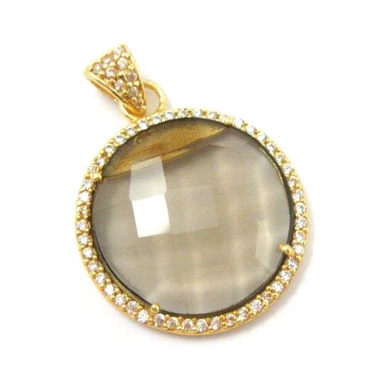 Wholesale Gold plated Sterling Silver Smokey Quartz Bezel Gemstone Round Pave Pendant, Wholesale Gemstone Pendants for Jewelry Making
