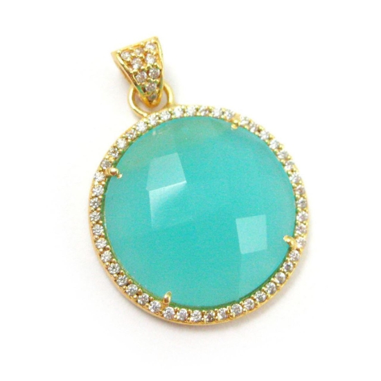Wholesale Gold plated Sterling Silver Peru Chalcedony Bezel Gemstone Round Pave Pendant, Wholesale Gemstone Pendants for Jewelry Making
