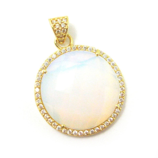 Wholesale Gold plated Sterling Silver Opalite Quartz Bezel Gemstone Round Pave Pendant, Wholesale Gemstone Pendants for Jewelry Making