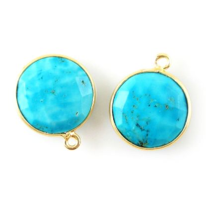 Wholesale 18K Gold Over Sterling Silver Bezel Gemstone Pendant - 14mm Faceted Coin Shape - Turquoise