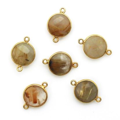 Wholesale Bezel Gemstone Links - Gold Plated Sterling Silver - Faceted Coin Shape - Gold Rutilated Quartz