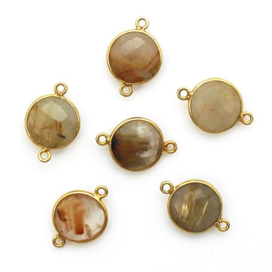 Wholesale Bezel Gemstone Links - Gold Plated Sterling Silver - Faceted Coin Shape - Gold Rutilated Quartz