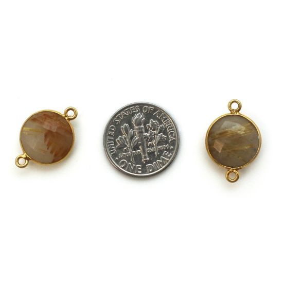 Wholesale Bezel Gemstone Links - Gold Plated Sterling Silver - Faceted Coin Shape - Gold Rutilated Quartz
