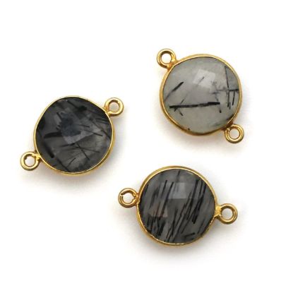 Wholesale Bezel Gemstone Links - Gold Plated Sterling Silver - Faceted Coin Shape - Black Rutilated Quartz