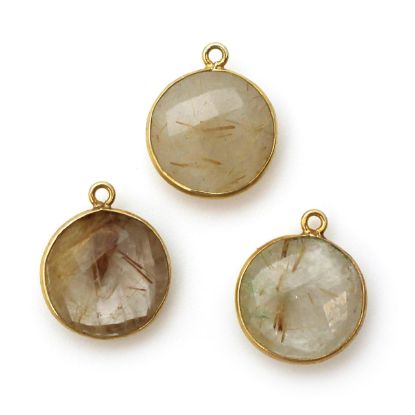 Wholesale Gold plated Sterling Silver Round Bezel Gold Rutilated Quartz Quartz Gemstone Pendant, Wholesale Gemstone Pendants for Jewelry Making