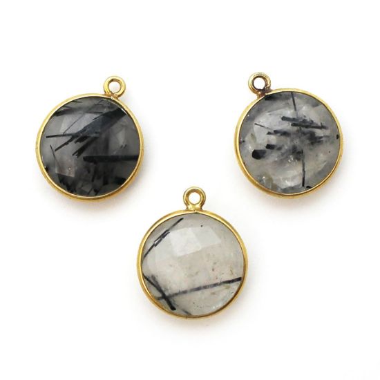 Wholesale Gold plated Sterling Silver Round Bezel Black Rutilated Quartz Quartz Gemstone Pendant, Wholesale Gemstone Pendants for Jewelry Making