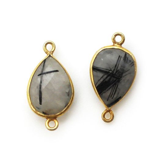 Wholesale Bezel Gemstone Links- 10x14mm Faceted Pear - Black Rutilated Quartz