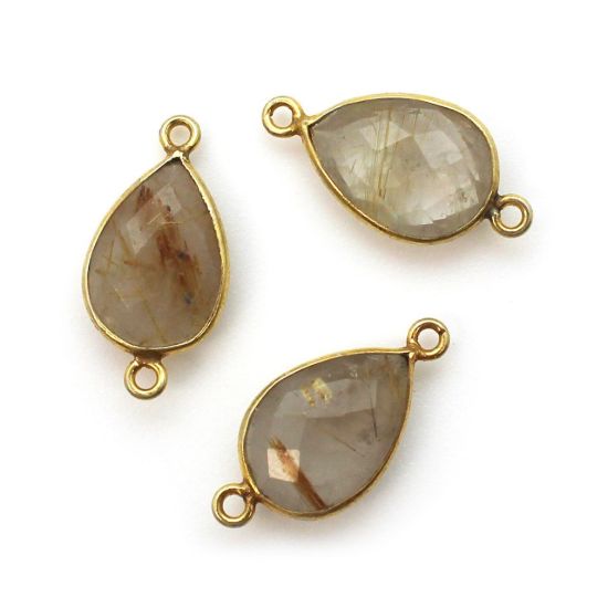Wholesale Bezel Gemstone Links- 10x14mm Faceted Pear - Gold Rutilated Quartz
