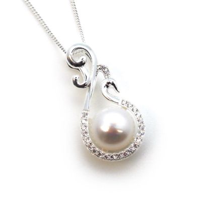 Wholesale Sterling Silver White Freshwater Pearl and Fancy Peacock CZ Stone Pendant Necklace-16"