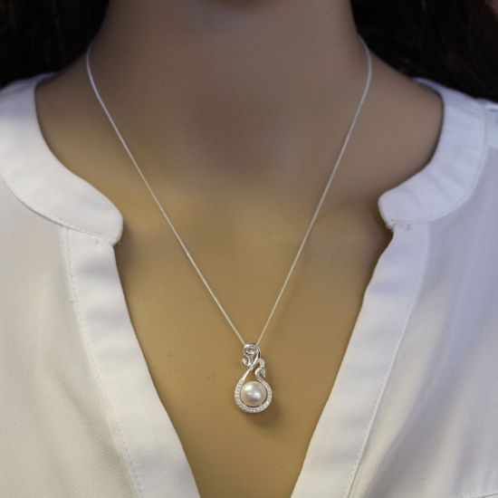 Wholesale Sterling Silver White Freshwater Pearl and Fancy Peacock CZ Stone Pendant Necklace-16"