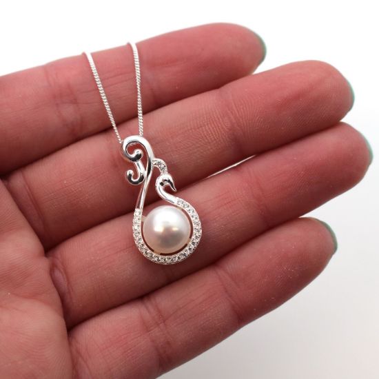 Wholesale Sterling Silver White Freshwater Pearl and Fancy Peacock CZ Stone Pendant Necklace-16"