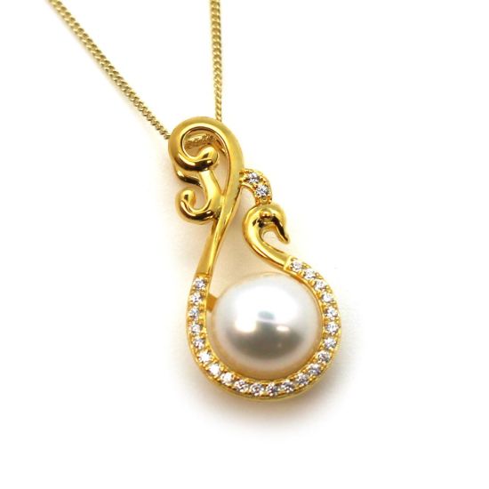 Wholesale Gold Over Sterling Silver White Freshwater Pearl and Fancy Peacock CZ Stone Pendant Necklace-16"
