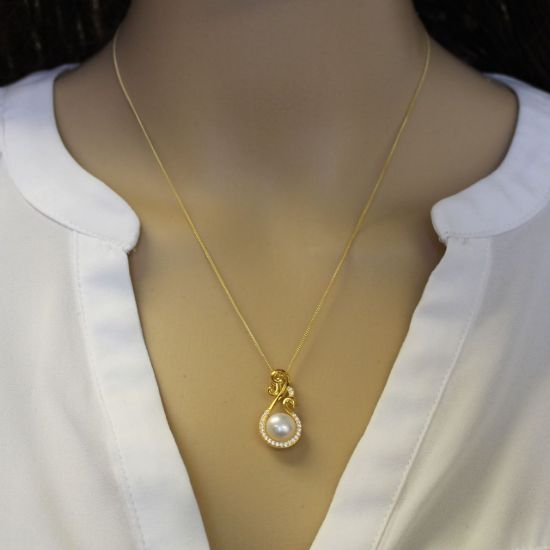Wholesale Gold Over Sterling Silver White Freshwater Pearl and Fancy Peacock CZ Stone Pendant Necklace-16"