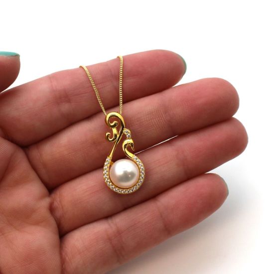 Wholesale Gold Over Sterling Silver White Freshwater Pearl and Fancy Peacock CZ Stone Pendant Necklace-16"