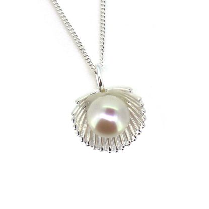 Wholesale Sterling Silver White Freshwater Pearl Clam Shell Pendant Necklace-18"