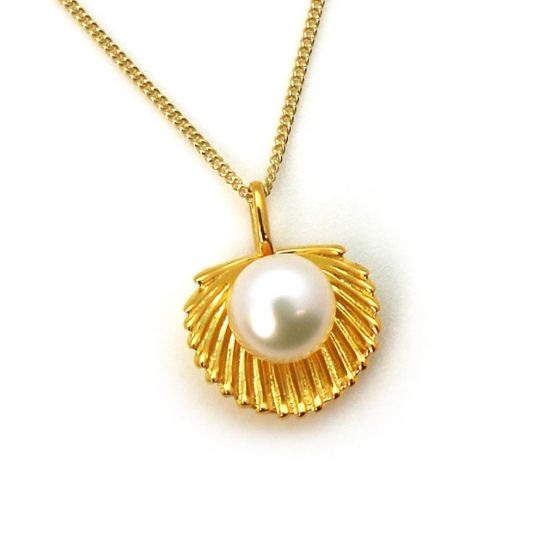 Wholesale Gold Over Sterling Silver White Freshwater Pearl Clam Shell Pendant Necklace-18"