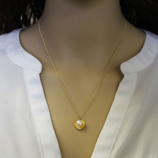 Wholesale Gold Over Sterling Silver White Freshwater Pearl Clam Shell Pendant Necklace-18"
