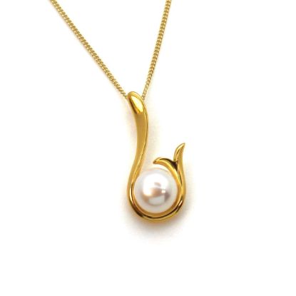 Wholesale Gold Over Sterling Silver White Freshwater Pearl Trumpet Flower Pendant Necklace-18"