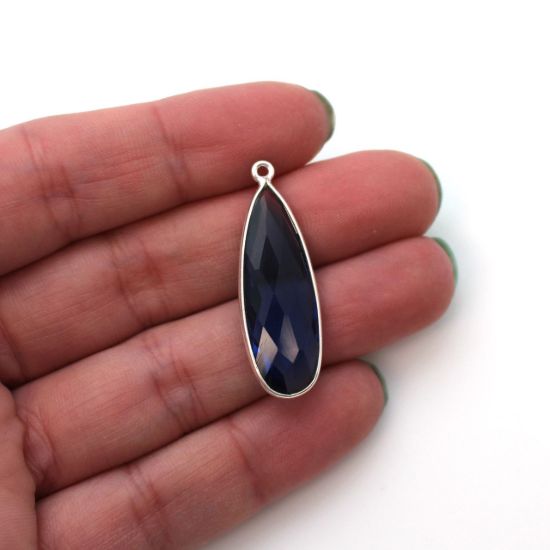 Wholesale Sterling Silver Bezel Charm Pendant - 34x11mm Elongated Teardrop - Blue Iolite Quartz