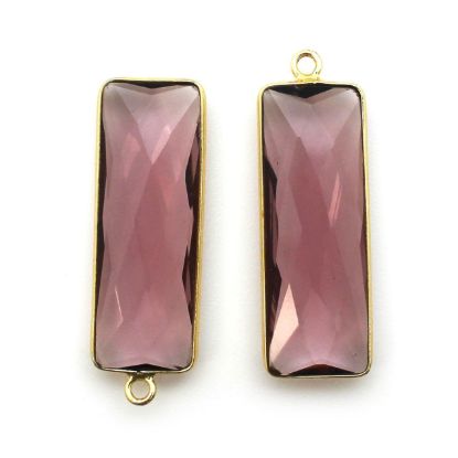 Wholesale Gold Over Sterling Silver Bezel Pendant - 34x11mm Elongated Rectangle Shape - Pink Amethyst Quartz
