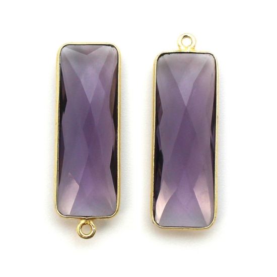 Wholesale Gold Over Sterling Silver Bezel Charm Pendant - 34x11mm Elongated Rectangle Shape - Amethyst Quartz -February Birthstone