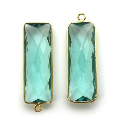 Wholesale Gold Over Sterling Silver Bezel Charm Pendant - 34x11mm Elongated Rectangle Shape - Aqua Quartz - March Birthstone