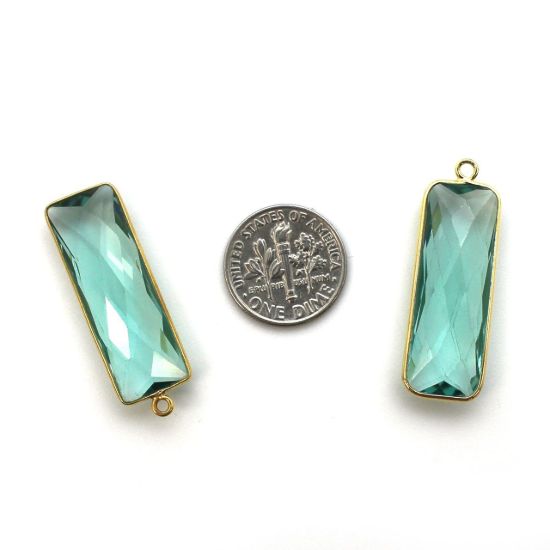 Wholesale Gold Over Sterling Silver Bezel Charm Pendant - 34x11mm Elongated Rectangle Shape - Aqua Quartz - March Birthstone