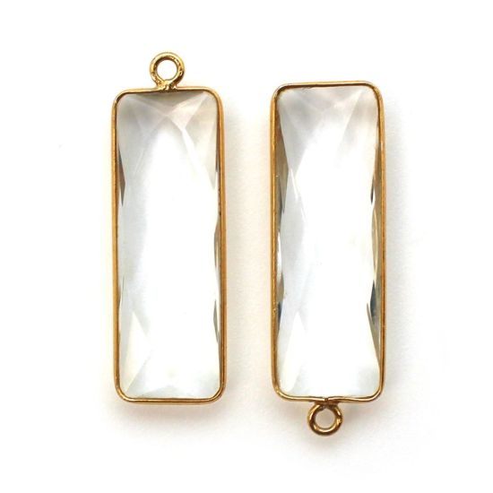 Wholesale Gold Over Sterling Silver Bezel Charm Pendant - 34x11mm Elongated Rectangle Shape - Crystal Quartz - April Birthstone
