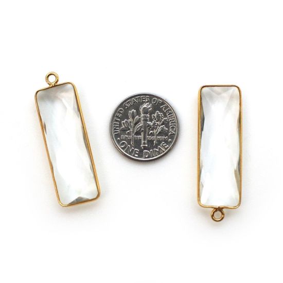 Wholesale Gold Over Sterling Silver Bezel Charm Pendant - 34x11mm Elongated Rectangle Shape - Crystal Quartz - April Birthstone
