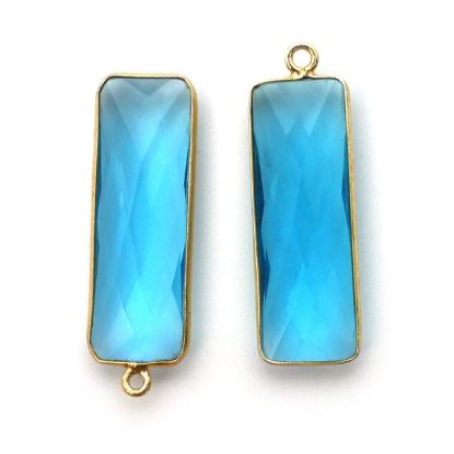 Wholesale Gold Over Sterling Silver Bezel Charm Pendant - 34x11mm Elongated Rectangle Shape - Blue Topaz Quartz - December Birthstone