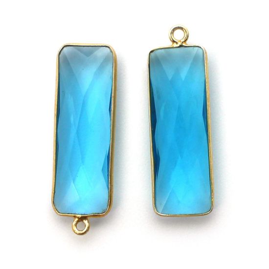 Wholesale Gold Over Sterling Silver Bezel Charm Pendant - 34x11mm Elongated Rectangle Shape - Blue Topaz Quartz - December Birthstone