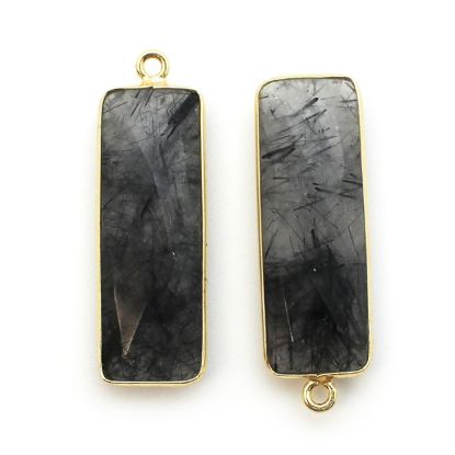 Wholesale Gold Over Sterling Silver Bezel Charm Pendant - 34x11mm Elongated Rectangle Shape - Black Rutilated Quartz