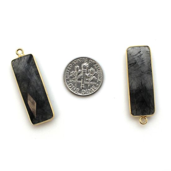 Wholesale Gold Over Sterling Silver Bezel Charm Pendant - 34x11mm Elongated Rectangle Shape - Black Rutilated Quartz