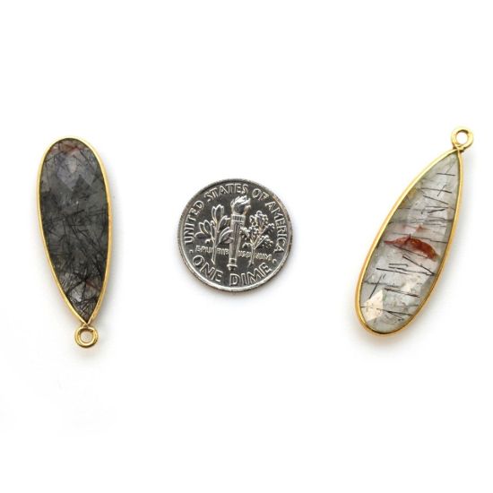 Wholesale Gold plated Sterling Silver Elongated Teardrop Bezel Black Rutilated Quartz Gemstone Pendant, Wholesale Gemstone Pendants for Jewelry Making