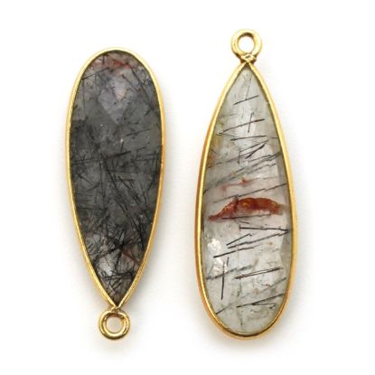 Wholesale Gold plated Sterling Silver Elongated Teardrop Bezel Black Rutilated Quartz Gemstone Pendant, Wholesale Gemstone Pendants for Jewelry Making