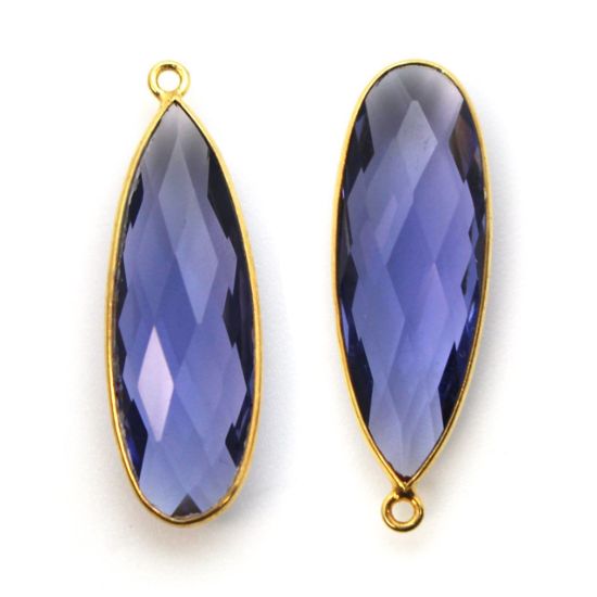 Wholesale Gold plated Sterling Silver Elongated Teardrop Bezel Iolite Quartz Gemstone Pendant, Wholesale Gemstone Pendants for Jewelry Making