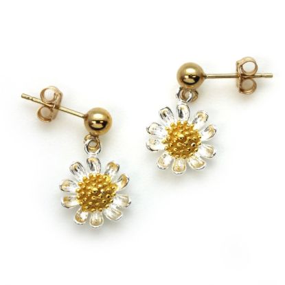Gold Filled Ball Stud with Sterling Silver Two-Tone Sunflower Charm Drop Earrings (Sold Per Pair)