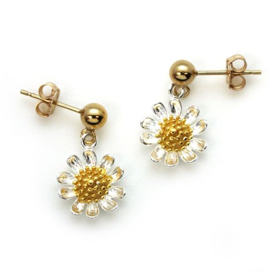 Gold Filled Ball Stud with Sterling Silver Two-Tone Sunflower Charm Drop Earrings (Sold Per Pair)