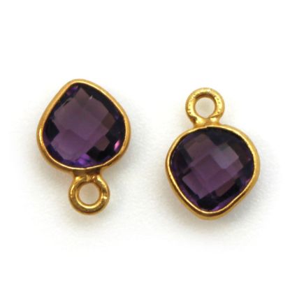 Wholesale Gold Over Sterling Silver Bezel Charm Pendant - 10 x 7mm Tiny Heart Shape - Amethyst Quartz - February Birthstone