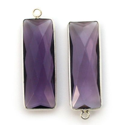 Wholesale Sterling Silver Bezel Charm Pendant - 34x11mm Elongated Rectangle Shape - Amethyst Quartz - February Birthstone
