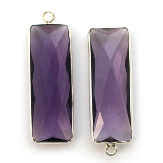 Wholesale Sterling Silver Bezel Charm Pendant - 34x11mm Elongated Rectangle Shape - Amethyst Quartz - February Birthstone