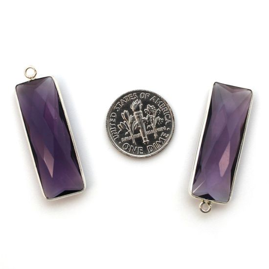 Wholesale Sterling Silver Bezel Charm Pendant - 34x11mm Elongated Rectangle Shape - Amethyst Quartz - February Birthstone