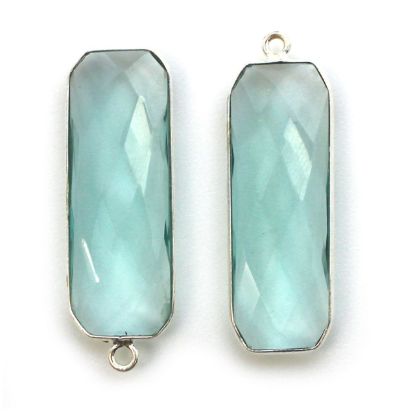 Wholesale Sterling Silver Bezel Charm Pendant - 34x11mm Elongated Rectangle Shape - Aqua Quartz - March Birthstone